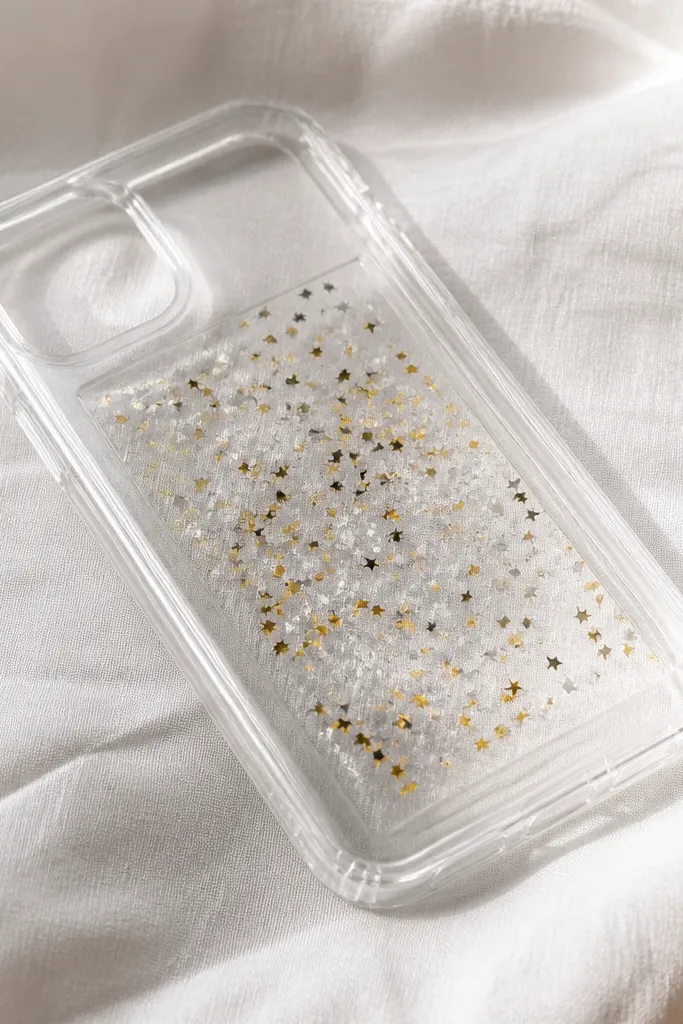 A clear phone case with tiny star confetti trapped under a layer of clear tape in a rectangular window.