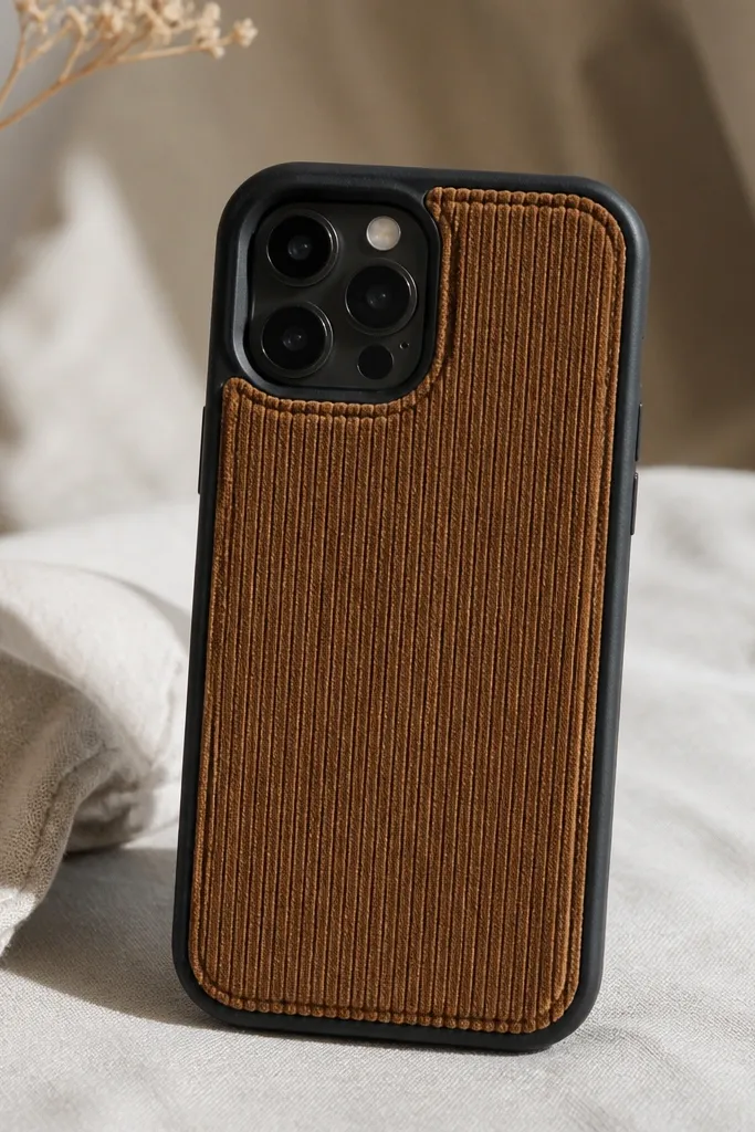 A phone case with a vertical strip of corduroy fabric on the back, in camel brown, sealed at the edges.