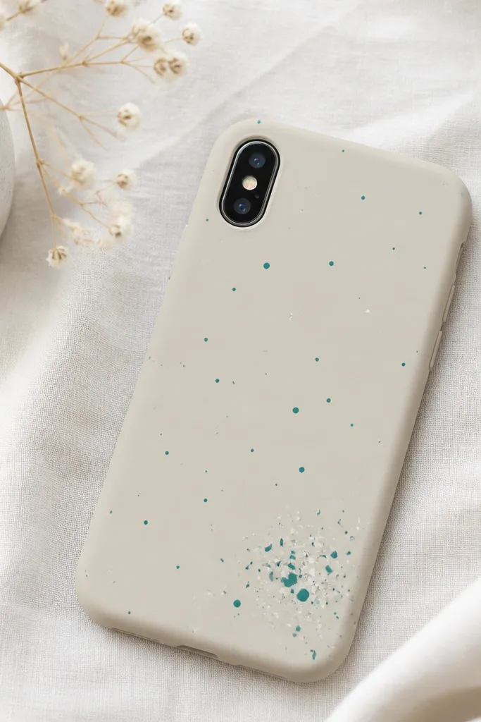 A light matte phone case with scattered tiny acrylic paint dots in teal and white, with one small cluster near the bottom.