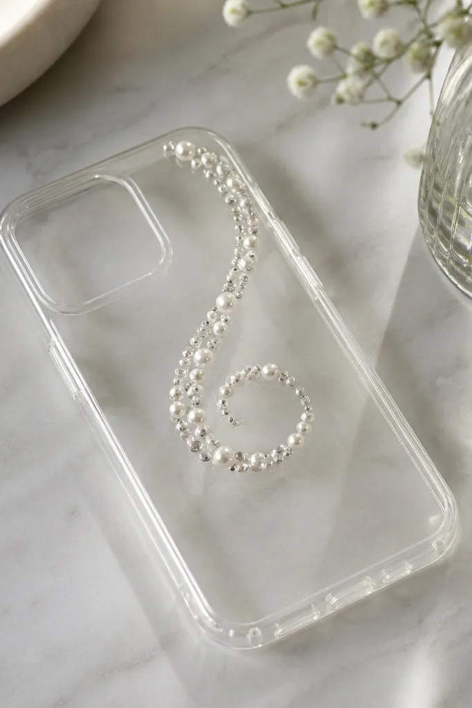 A clear phone case with a swirling line of small pearls and rhinestones starting near the top and curling toward the center.