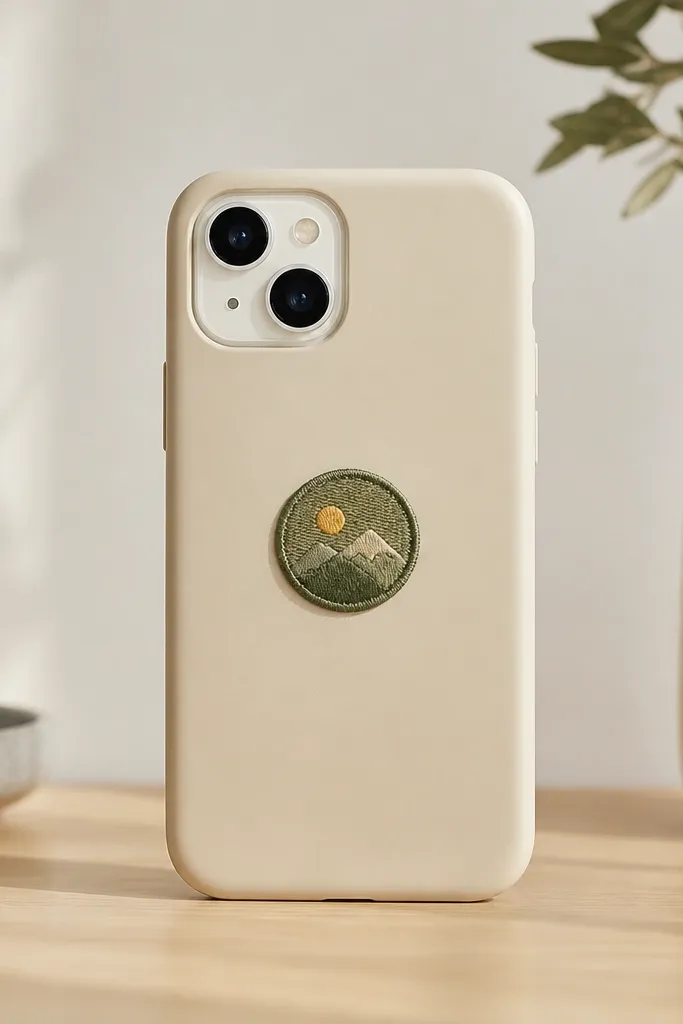 A plain phone case with a small iron-on patch badge in a circle shape on the back, edges pressed flat.