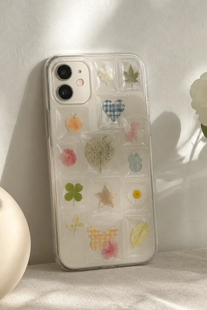 A phone case covered in small sticker shapes, each separated by neat clear tape borders like tiny panels.