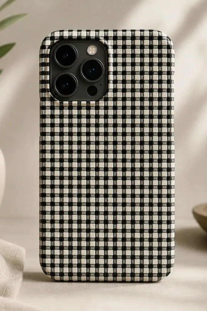 A phone case shown straight-on with a tight black-and-cream micro-check pattern made from thin vinyl strips; the surface looks matte with crisp grid lines and no bubbles.