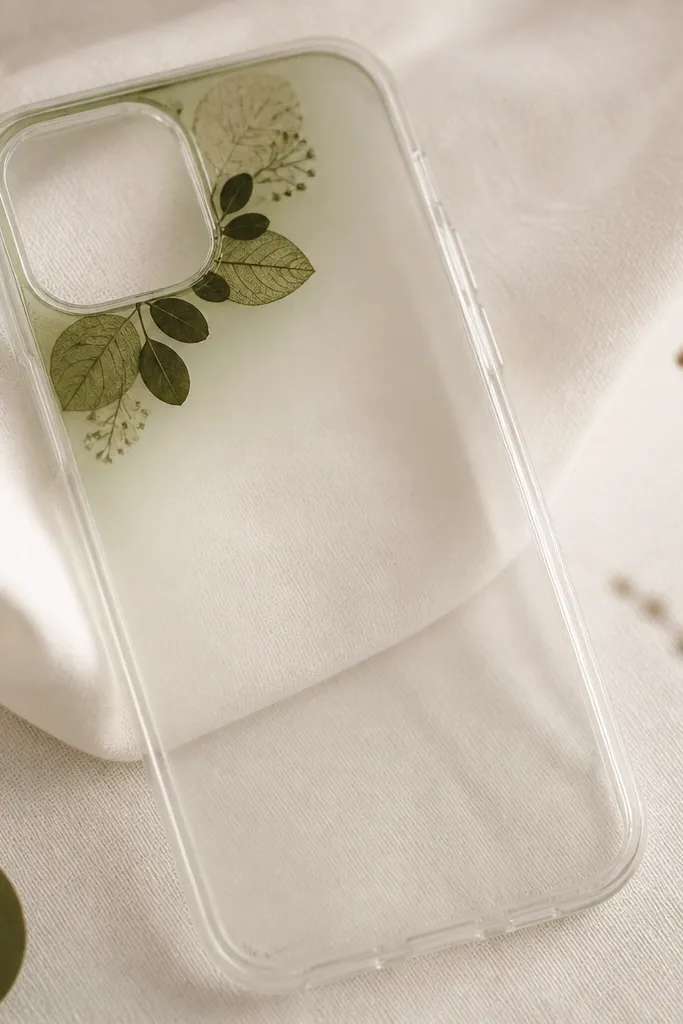 A clear phone case with a small pressed leaf cluster in the top-left corner; the leaf veins show through, and the surrounding area has a soft sage tint.