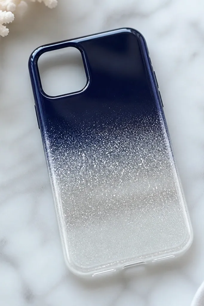 A phone case with a smooth ombre from dark navy to clear to pale silver, divided into three soft glitter bands; the finish is glossy and even.