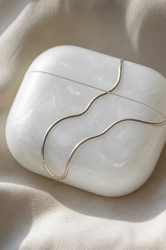 A minimalist white-pearl case with two wavy metallic line paths running diagonally; the lines have a smooth raised look.
