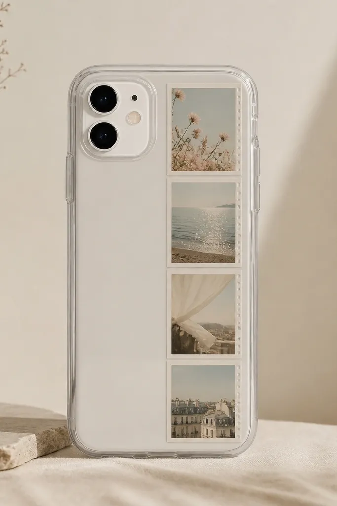 A clear case with a vertical strip of four pastel mini photos, each in a tiny film border; the colors look faded like old film.