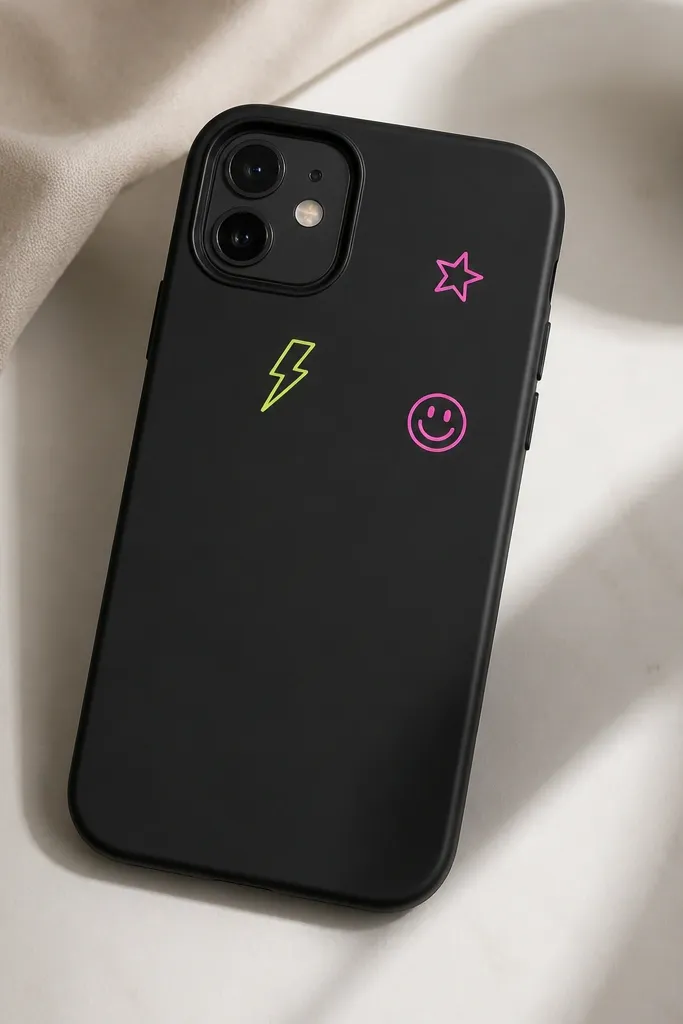 A black case with small neon stickers (a star, a lightning bolt, and a smile) scattered on the upper half; the finish is matte so the stickers look crisp.