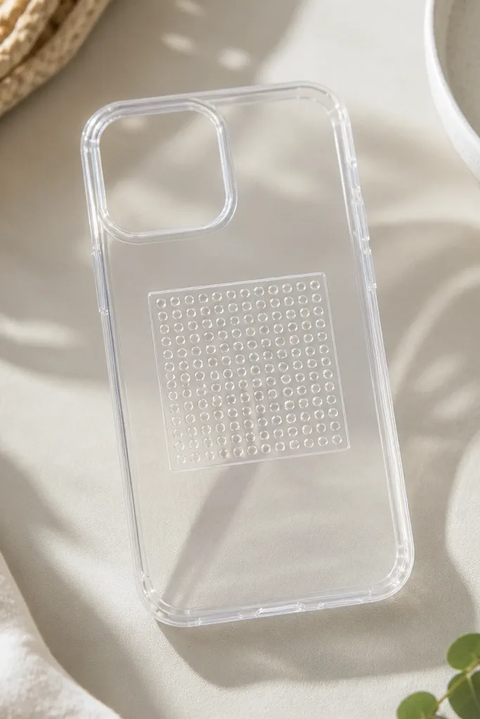 A clear TPU case with a 1-inch square bead grid near the center; beads are uniform and the square has clean borders.