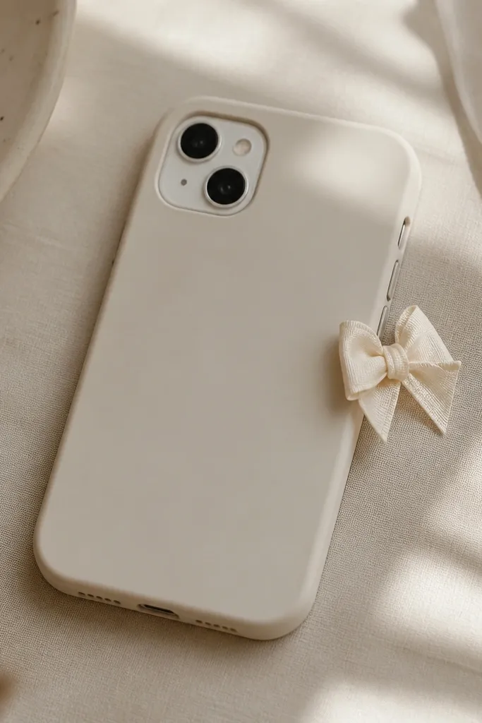 A light neutral phone case with a small fabric ribbon bow attached near the right side seam; the bow sits slightly raised.