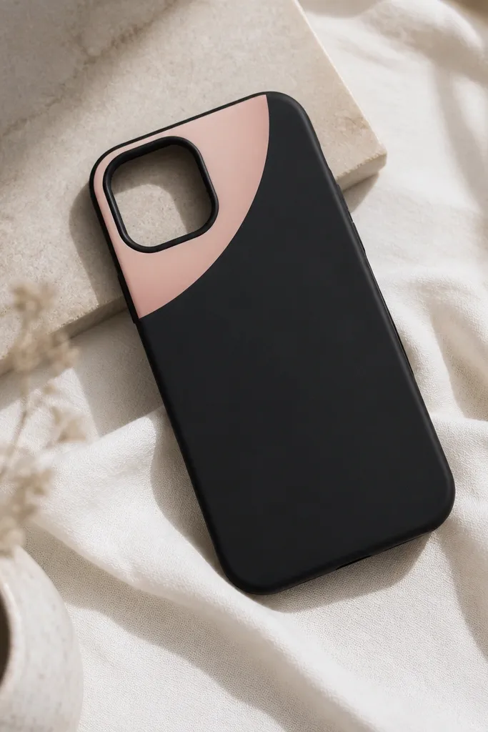 A matte black case with a blush pink half-moon shape in the top-left, with clean curved edges and a soft matte finish.