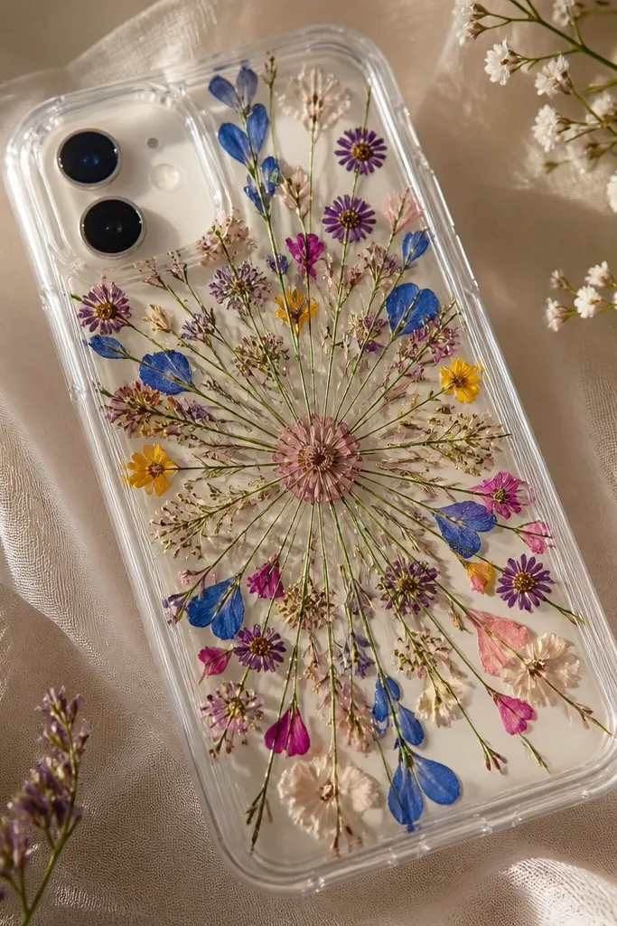 A clear case with a starburst pattern of pressed tiny flowers radiating from the center; the flowers show through like stained glass.