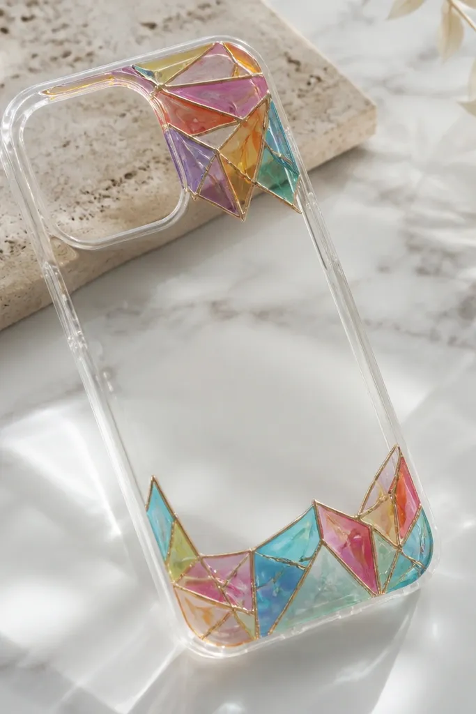 A clear case with rainbow stained-glass corner shapes in the top and bottom edges; colors look like translucent cellophane under resin.