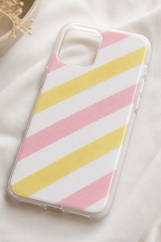 A clear phone case with candy stripe washi tape wrapping across the front in diagonal pink, white, and yellow bands; it's sealed and smooth.