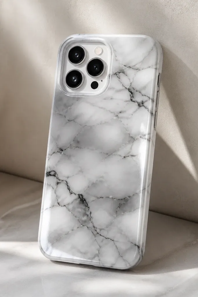 A white-and-gray marble-effect case with cloudy swirls and thin black veins; the finish is glossy and smooth.