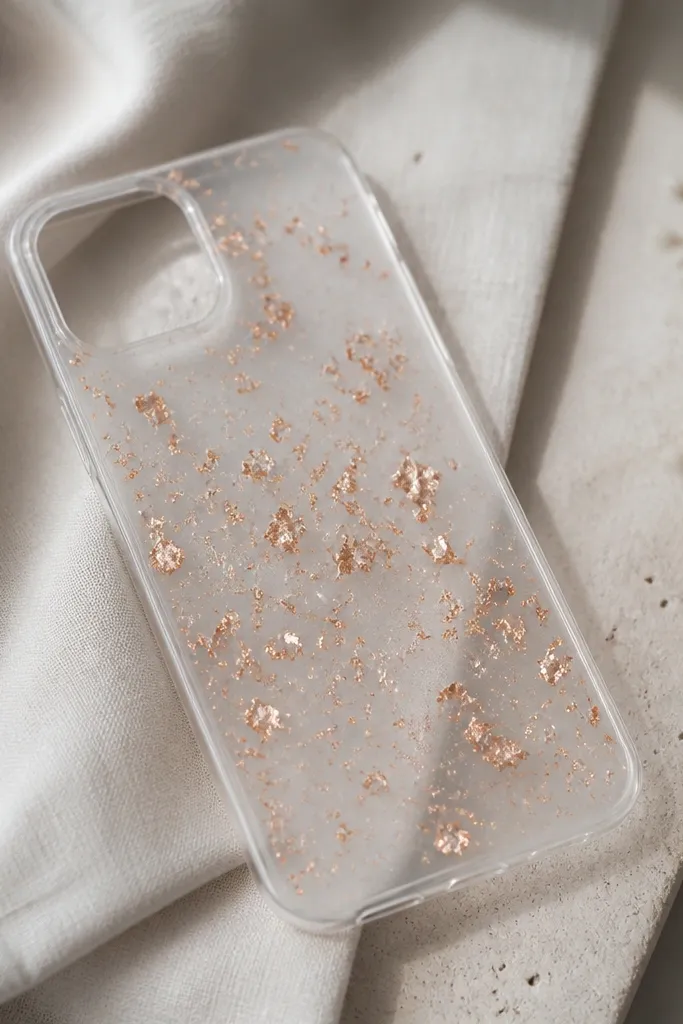 A matte clear case with scattered rose gold foil flakes that look like tiny shards across the center; the foil catches light without going fully glittery.
