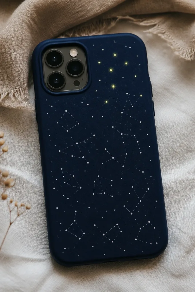 A dark navy case with small white dot constellations and a few tiny glow-in-the-dark points near the top; the stars look evenly sized.