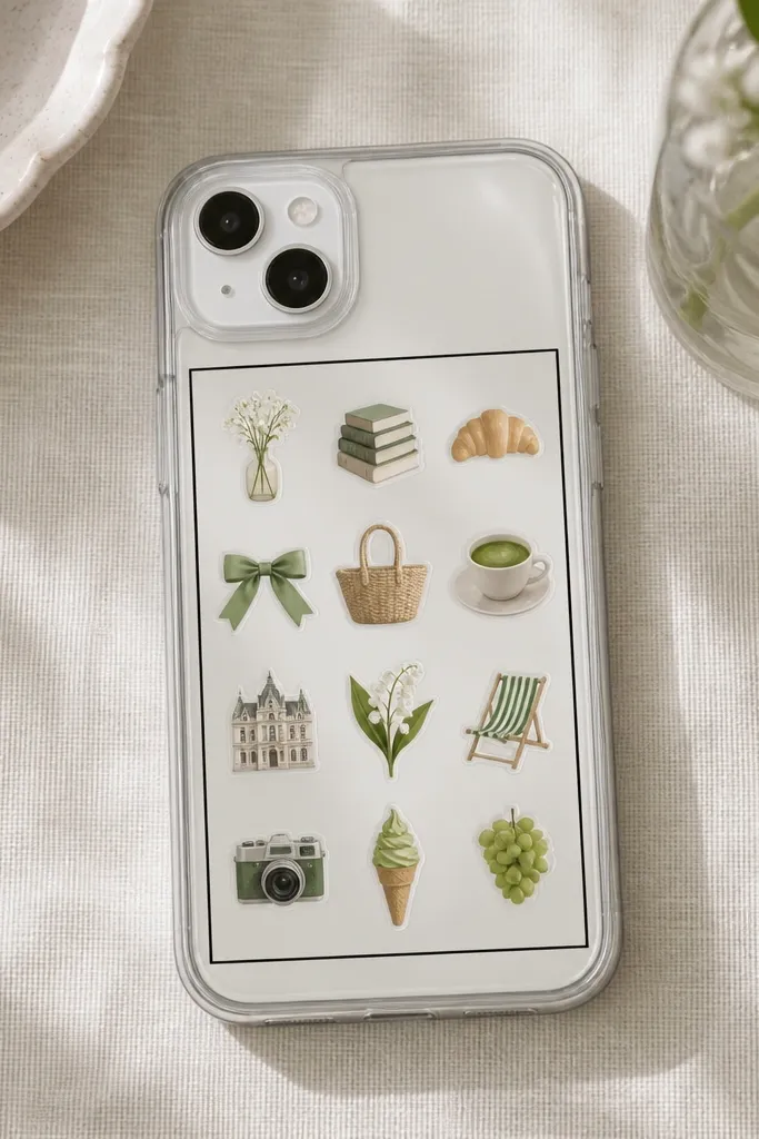 A clear case with a neat sticker collage inside a thin black rectangle frame; stickers are small and spaced evenly, with a glossy seal.