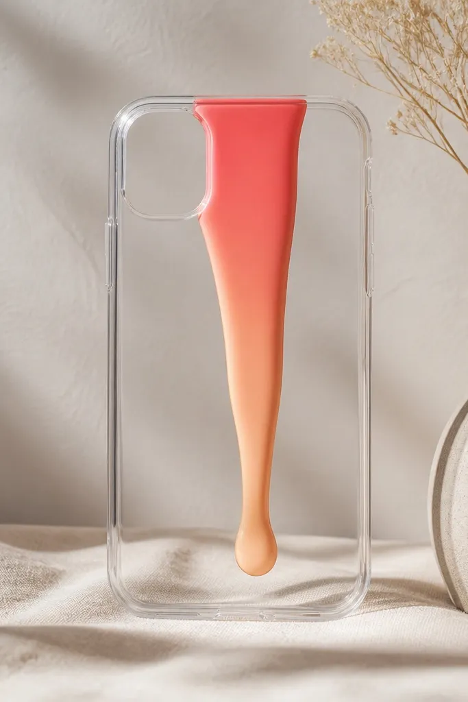 A clear case with a single thick acrylic drip line from top edge down the center, with a gradient from coral to peach; the drip is glossy and smooth.