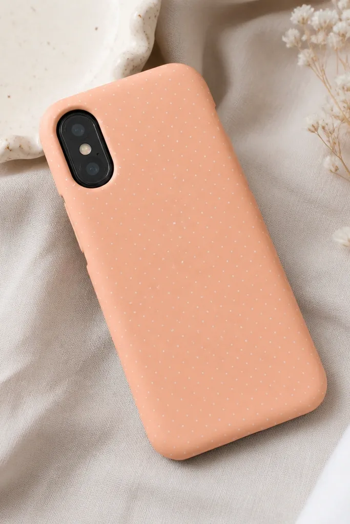 A matte peach phone case with tiny evenly spaced white micro dots, like a fabric pattern; the dots are crisp.