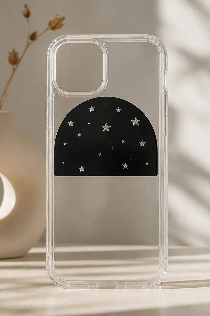 A clear phone case with a matte black arch-shaped vinyl window across the top third. Inside the arch, tiny silver star heat-transfer pieces sit at different angles. The rest of the case is bare and glossy, so the arch looks like a cutout. Edges of the arch have crisp vinyl corners and a faint sheen where the vinyl catches light.