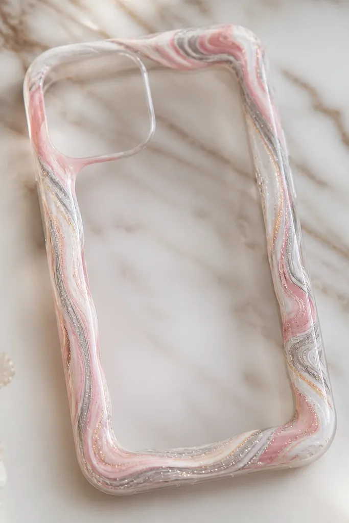 A translucent case with a border made from thin polymer clay strips that swirl like marbling around the edges. The clay mixes pale pink, milky white, and a little dusty rose, with thin gray lines running through it. Over the border, a light dusting of fine glitter clings to the high points. The center of the case stays clear, so the border looks like a frame.