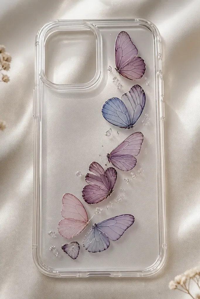 A clear phone case laid flat with delicate butterfly wing pieces arranged diagonally; the top has a glossy resin dome with tiny air bubbles minimized, and the camera area stays uncovered and clean.