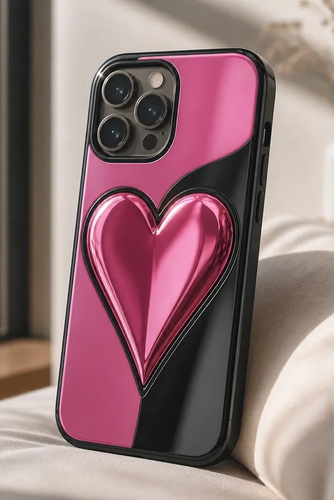 A pink-and-black phone case design featuring a large chrome hot-pink heart centered on the back; a thin black vinyl outline traces the heart and the surface is glossy and mirror-like.