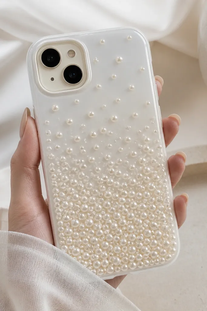 A white-to-pearl ombre phone case with clusters of tiny faux pearls arranged like a soft gradient; the camera cutout is still crisp and the finish is satin-gloss.