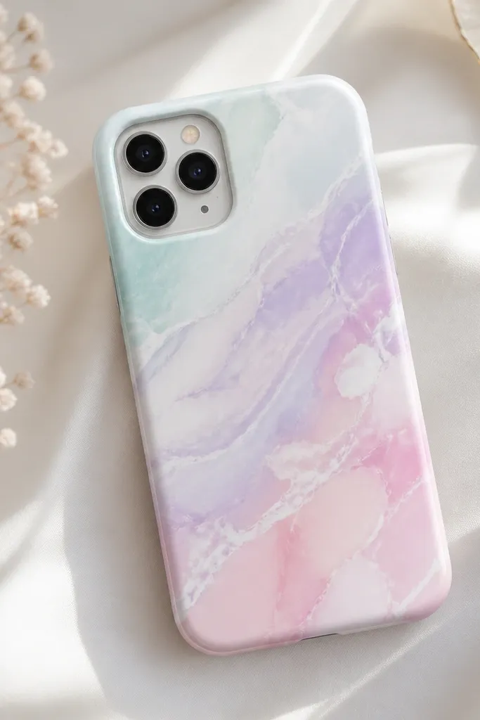 A pastel marble phone case with soft white cloud-like streaks; pale mint, lavender, and baby pink swirl patterns look airy and smooth under a glossy seal.