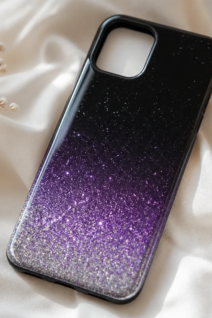 A black phone case fading into deep purple and silver glitter like a galaxy; the top is darker, the bottom glows with fine glitter under a glossy finish.