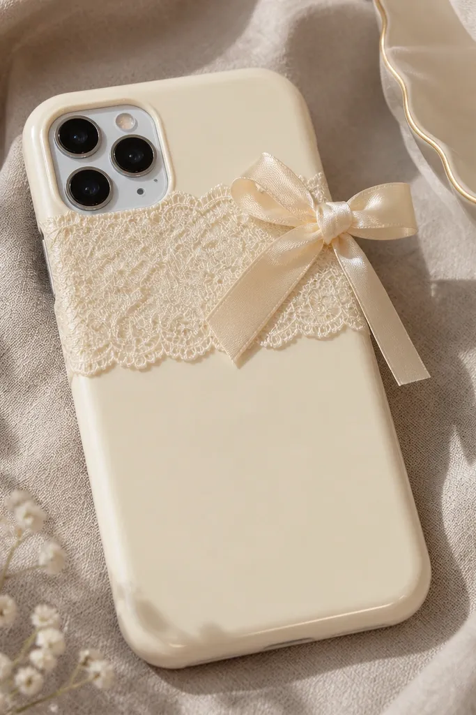A cream phone case with a small lace panel across the top and a satin ribbon bow on the right side; the lace looks textured under a smooth glossy topcoat.