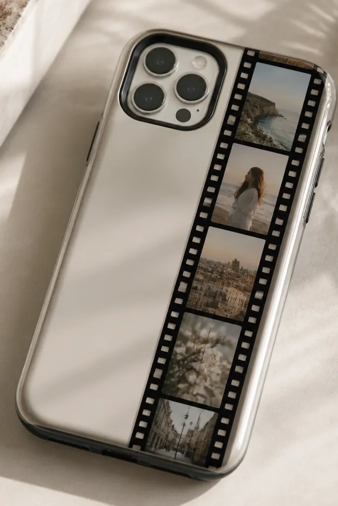 A phone case with a horizontal strip of small printed photos framed by a black faux film border; tiny sprocket holes appear along the sides under a glossy finish.