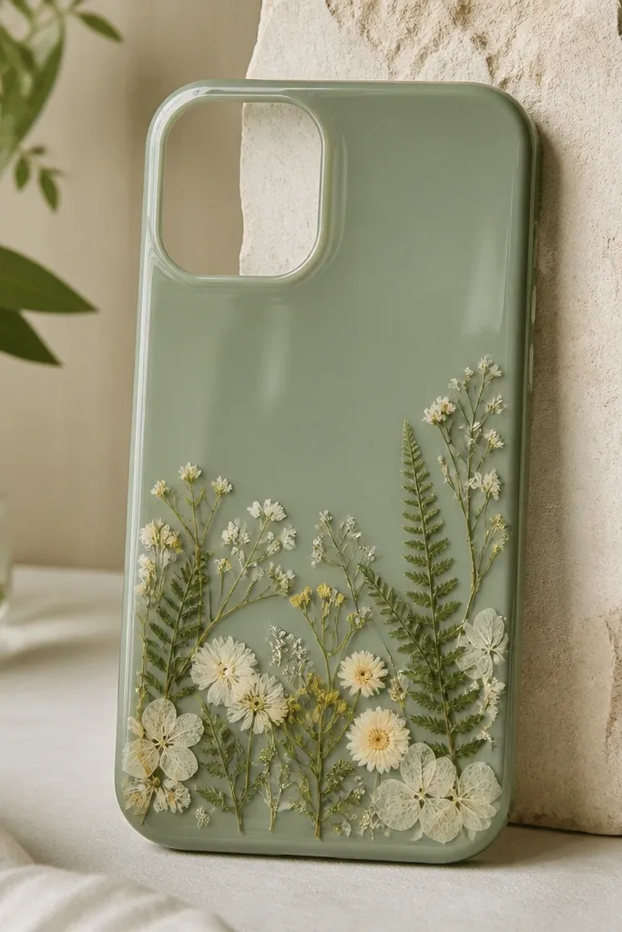A sage-green toned phone case with small pressed flowers and leaves arranged near the bottom; a glassy resin layer covers everything and camera cutout stays clear.