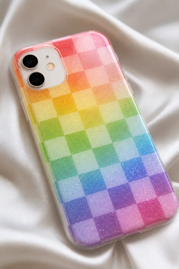 A rainbow checkered pattern phone case with each square lightly sparkled; the colors are clean and the whole design sits under a glossy clear coat.