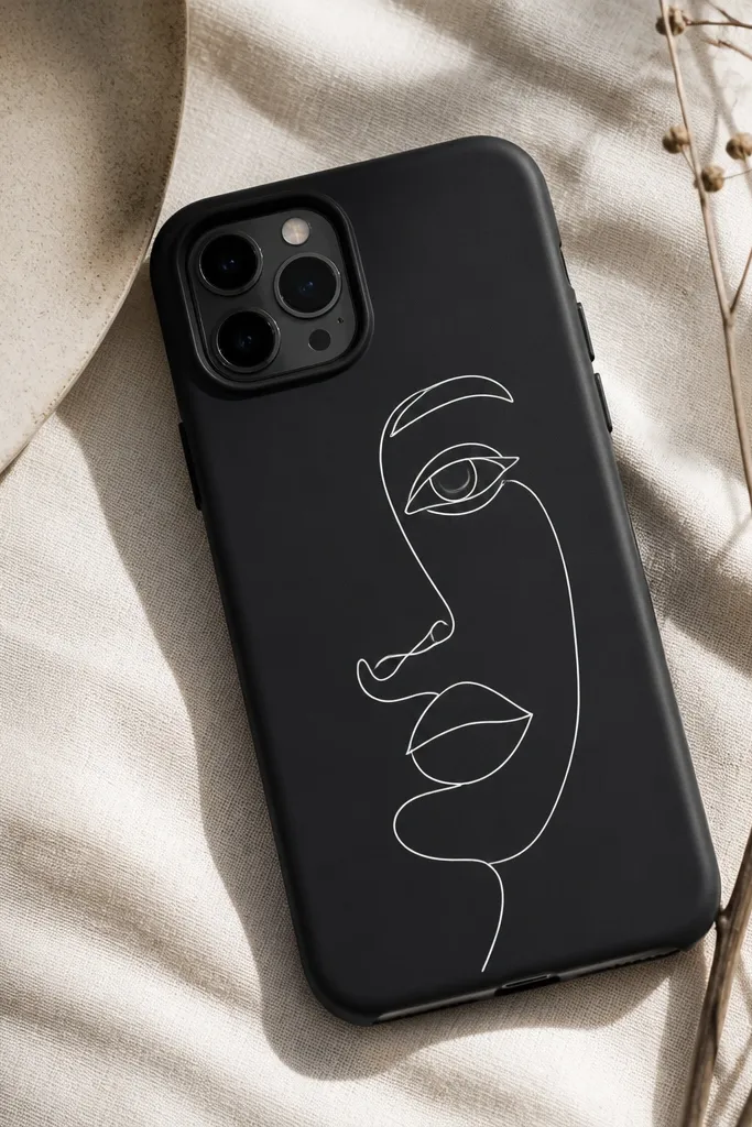 A matte black phone case with a thin white line art face spanning the back; the lines are crisp and the finish is non-glossy.