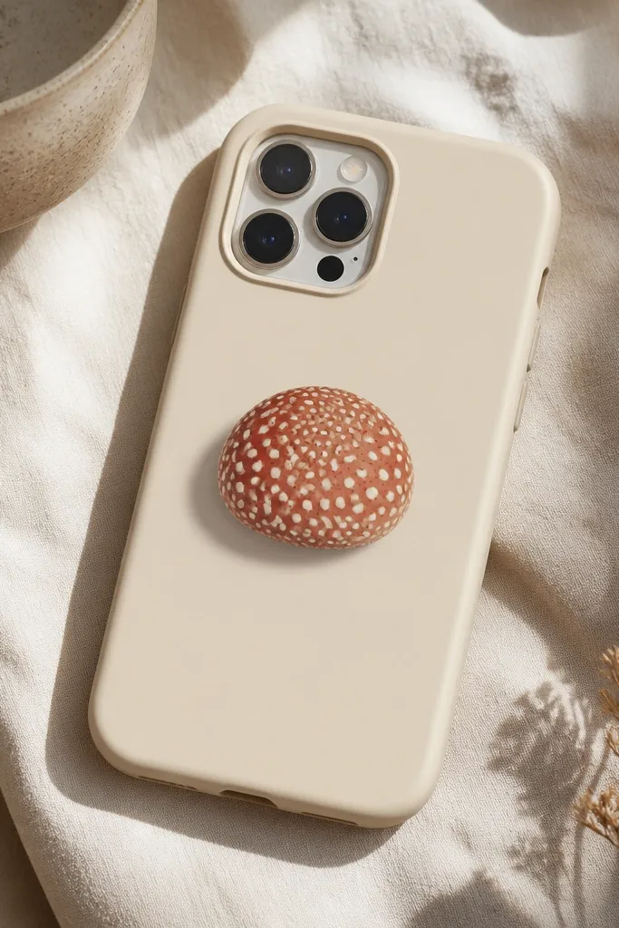 A cream phone case with a single mushroom cap graphic; white dots cover the cap with tiny red specks and a soft shadow for depth.