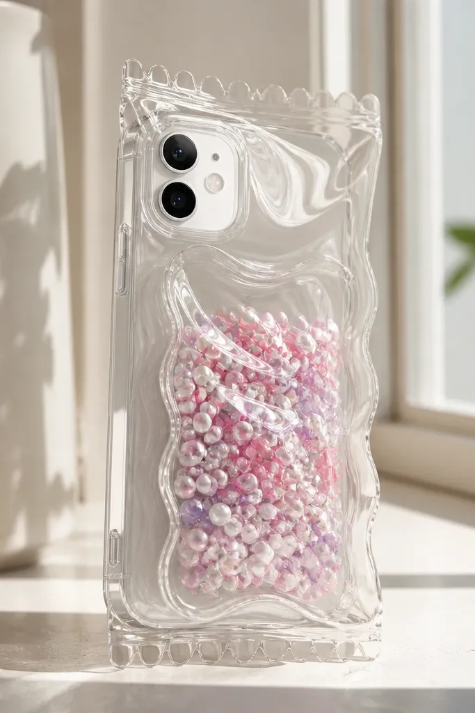 A clear phone case with a candy wrapper style design behind a window; inside are small sealed beads or sequins, and the top surface looks smooth and glossy.