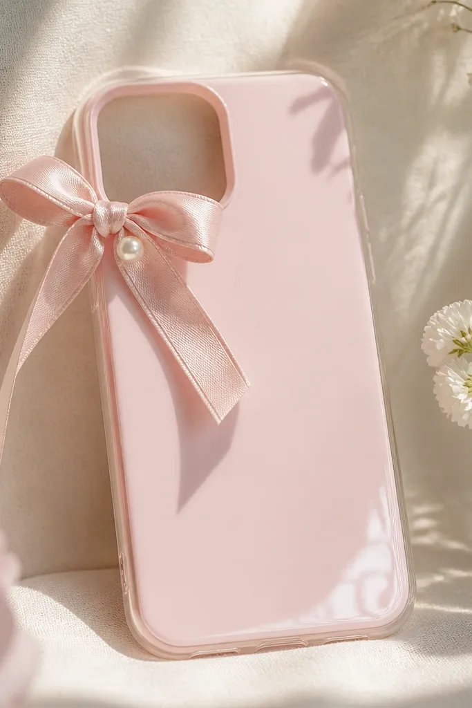 A pastel pink phone case with a satin ribbon bow tucked into the top-left corner and two small pearls near the knot; the case has a glossy clear finish.