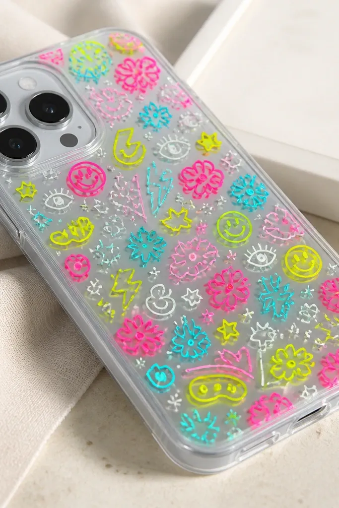 A clear case filled with neon doodle stickers and tiny scribbles in lime, hot pink, and cyan; everything sits under a smooth clear coat with no bubbles.