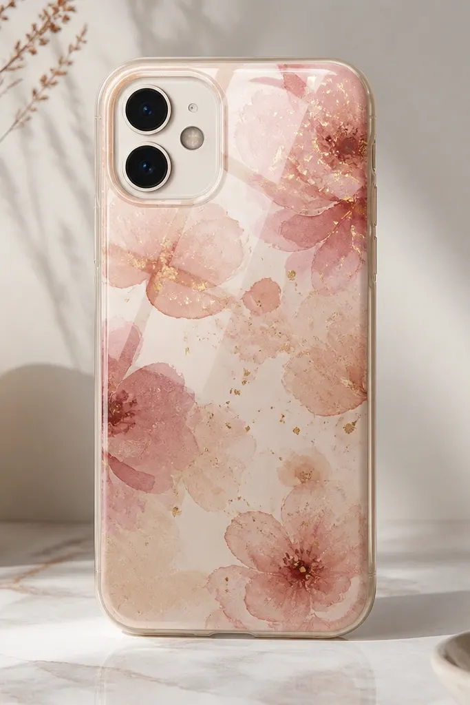 A translucent watercolor floral wash across the back of a phone case in muted rose and peach tones, with tiny gold flecks scattered sparingly; the finish is glossy.