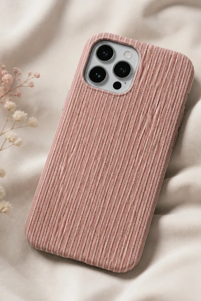 A phone case with a faux corduroy texture - parallel lines across the back in dusty rose and cream tones - under a soft matte finish.