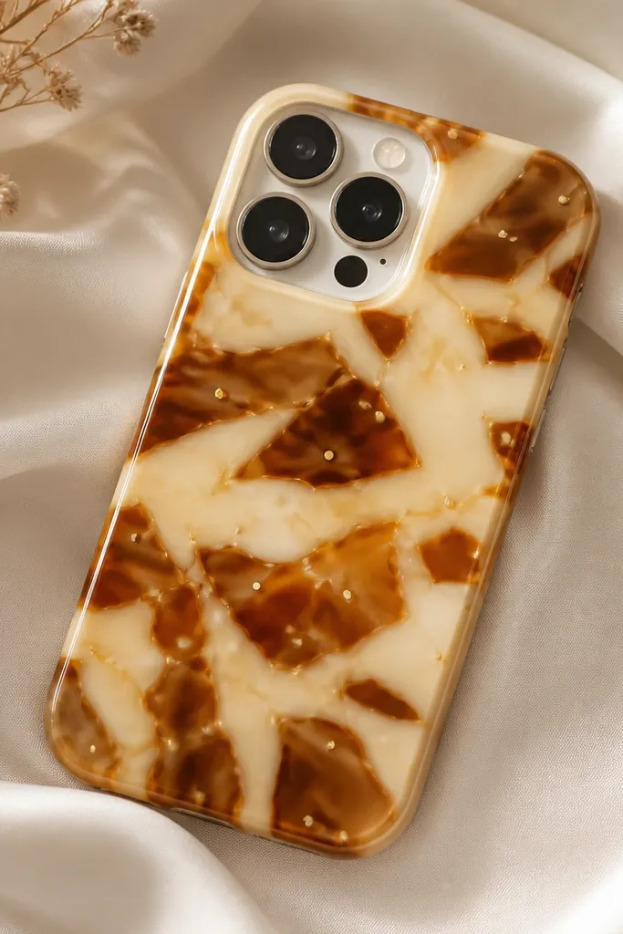 A cream-and-brown tortoise shell pattern phone case with irregular amber swirls and scattered tiny gold dots; the whole thing is glossy and smooth.
