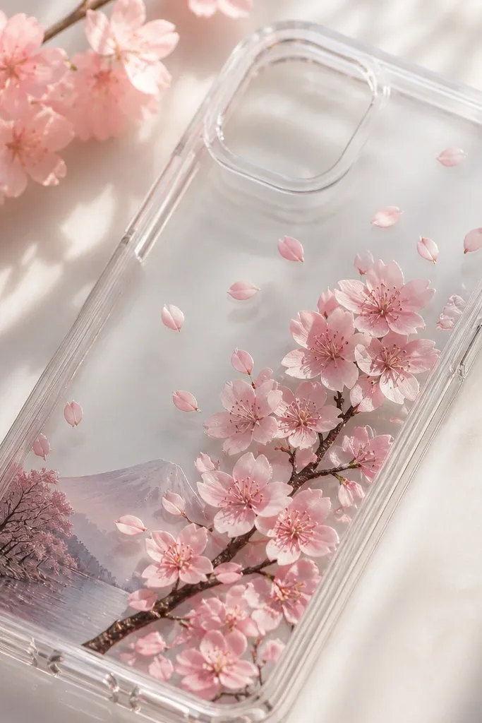 A clear phone case with a small cherry blossom scene; layered pink petals form a flower cluster, and a glossy resin layer makes it look like a tiny window.