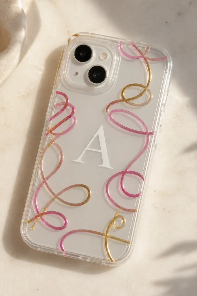 A minimalist case with a single monogram in white vinyl, plus glossy gel pen swirls around it in gold and pink; the rest of the back is clear.