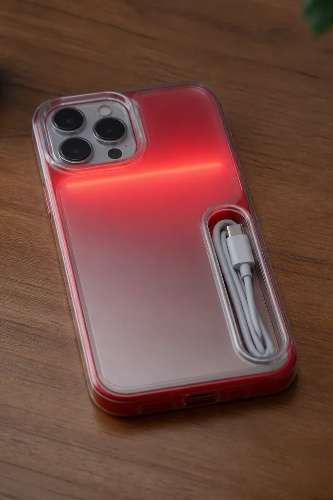 A red-and-clear phone case on a wooden desk. The back shows a soft red glow band near the top, with a small side pocket on the right holding a coiled charging cable. The LED wiring is invisible; only the glow is visible. The pocket edges look rounded and flush with the case.