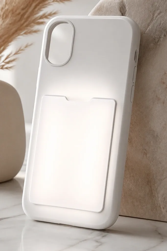 A pearly white phone case with a dim, even white glow across the center. A thin rectangular card shelf sits horizontally inside the back, with a small opening at the top for sliding cards in. The LED glow is smooth with no visible LED points.