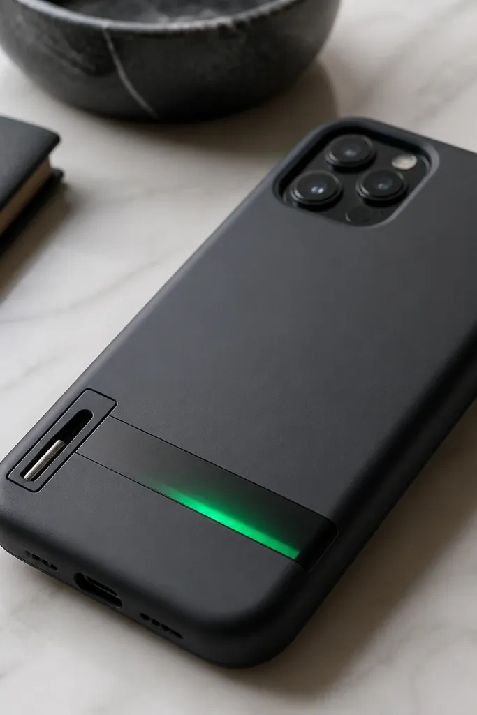 A matte graphite phone case with a green LED strip running along the bottom third. The strip is covered by a black-tinted diffuser window, so the glow is only visible through a clean rectangular area. A small compartment on the left holds a SIM tool or tiny screwdriver bit.