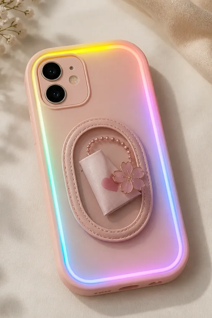 A soft pastel phone case with a rainbow LED outline tracing the back edges. In the center is a small oval pocket that holds a tiny charm or folded note. The LED outline glows evenly, and the pocket looks rounded and stitched-like.
