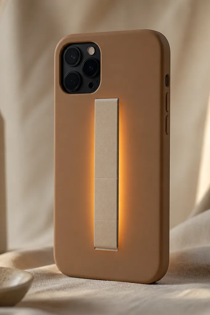 A tan phone case with a warm amber glow centered vertically. A narrow vertical slot on the back holds a slim folded memo strip. The glow looks like it's coming from behind the slot area, with no visible LED dots.